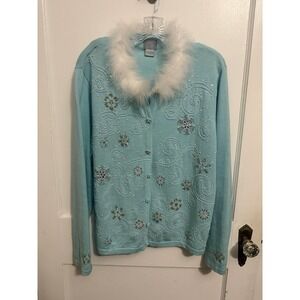 Berek women's Christmas blue Cardigan Sweater Size XL.